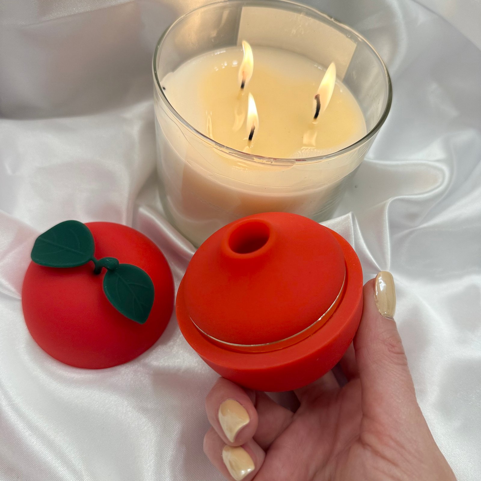 apple shaped suction vibrator with green leaves design