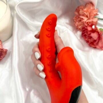 textured dual stimulation vibrator fiery red silicone, flexible rabbit design