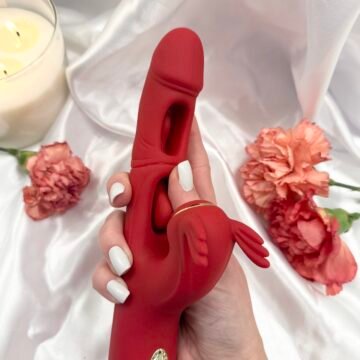 pulsing dual stimulation vibrator red silicone airflow design with flexible rabbit arm